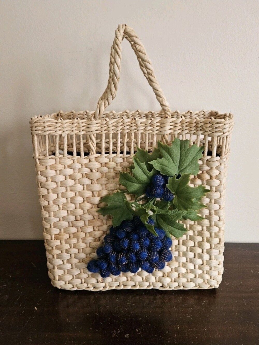 Vtg 70s Woven Straw Tote Bag Blue 3D Grape Novelty Basket Boho Cottagecore.